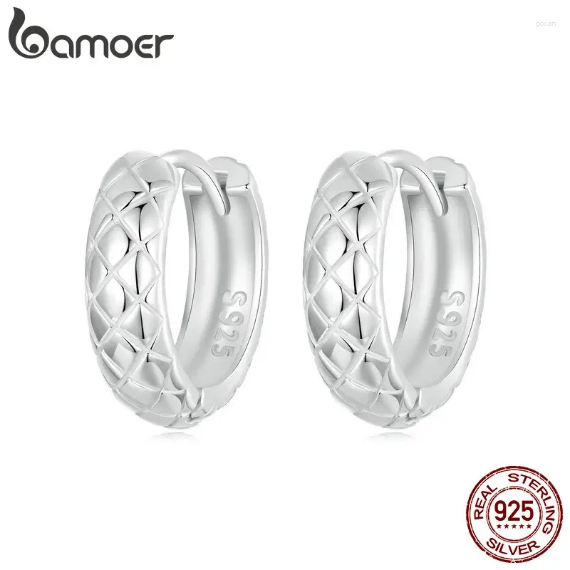 Hoop Earrings BAMOER 925 Sterling Silver High Polished Round Fashion Hoops Diamond-cut Textured 4mm For Women Girls