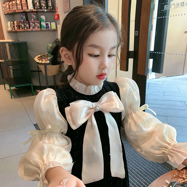 Lolita Girls Puff Ärmel Prinzessin Kleider Lady Style Kinder Bögen Krawatten Rüschen Halsband Kleid Frühling Herbst Kinder Kleidung Z4290