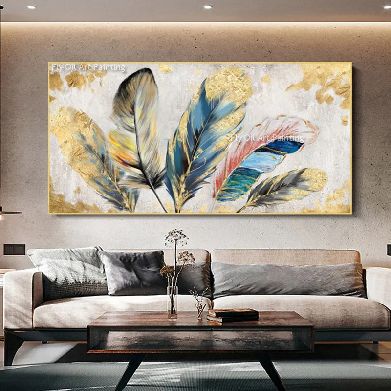 Malarstwo olejne z piór zwierząt 100% ręcznie robione na płótnie streszczenie kolorowe piórka płótno ścienne sztuka nowoczesna minimalistyczna grafika do sypialni salonu