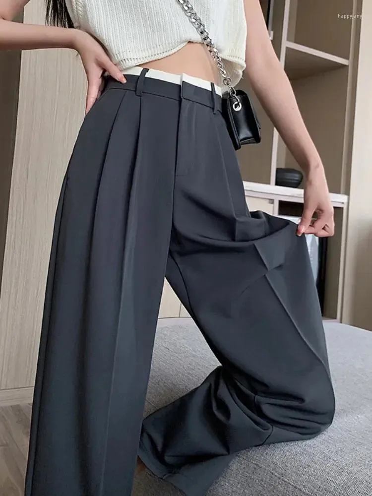 Calça feminina Cantura alta Terno preto Perna larga Primavera completa verão feminino elegante minimalismo liso calças soltas 2024