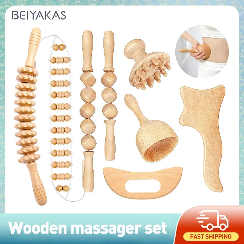 Holztherapie Massage Roller Lymphdrainage Massager Guasha Werkzeug für Ganzkörperschmerzen Relief Anti Cellulite Fascial Massage 240329