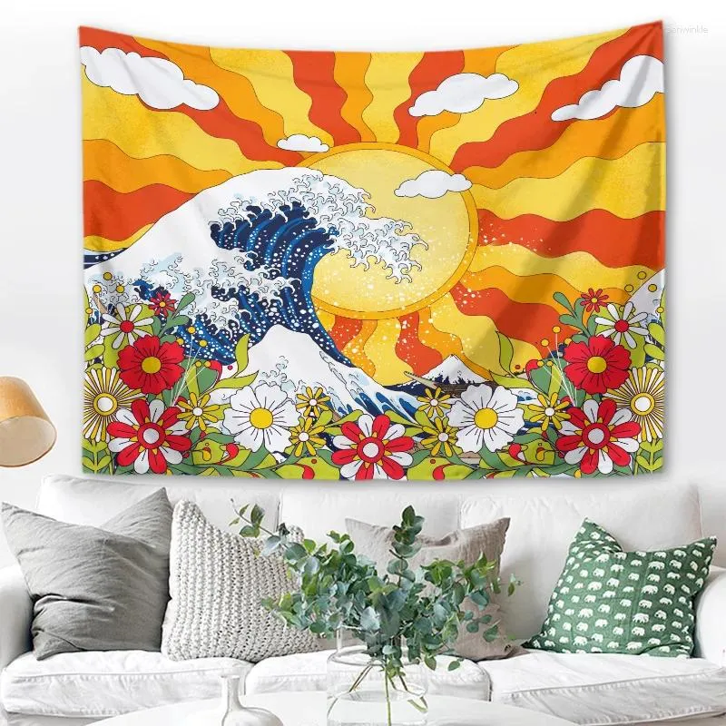 Tapisseries waves Mountain Sun phase Tapestry Home Room Decor Aesthetic Wall Carpet Landscape Fleur Couvre-revêtement