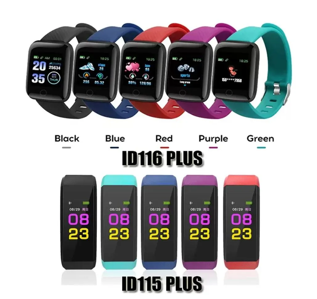 Pulseiras inteligentes ID115 ID116 Plus Bracelet Smart Assista a freqüência cardíaca Tracker de fitness Id115hr impermeável pulseira de banda de vigia para Andro4760111