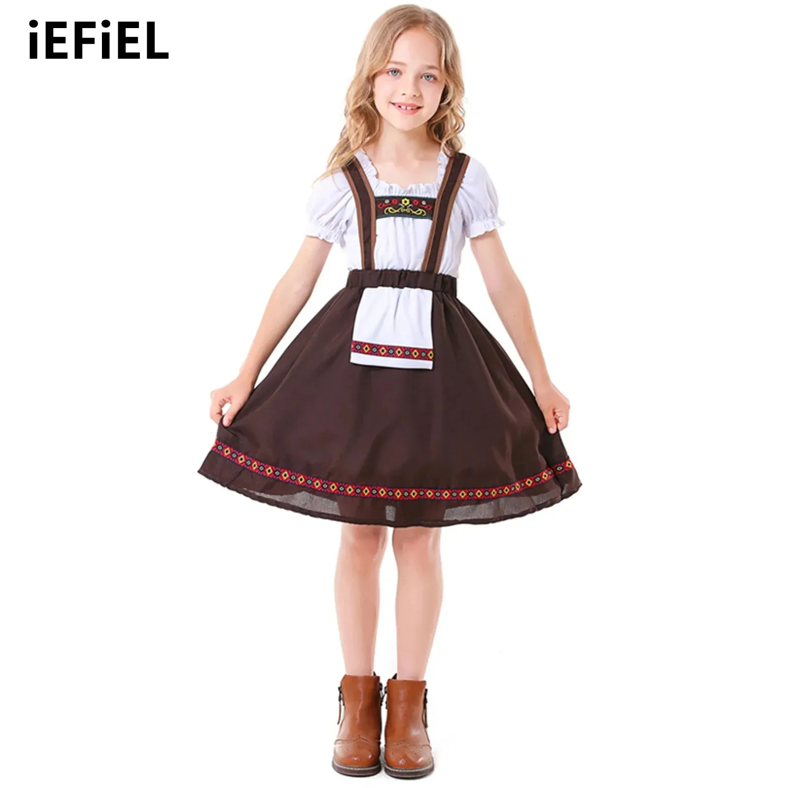 Girls Beer Festival Cosplay Dress Halloween Costumes Square Neck Kort ärm Tshirt Top och hängslen Set för Carnival Party 240403