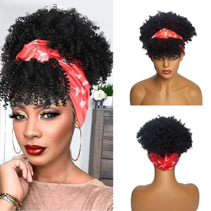 Perucas de faixa curta de perucas com franja Afro Kinky Curly Head Band Wigs for Women Synthetic Natural Hair Wig com Cosplay de cachecol