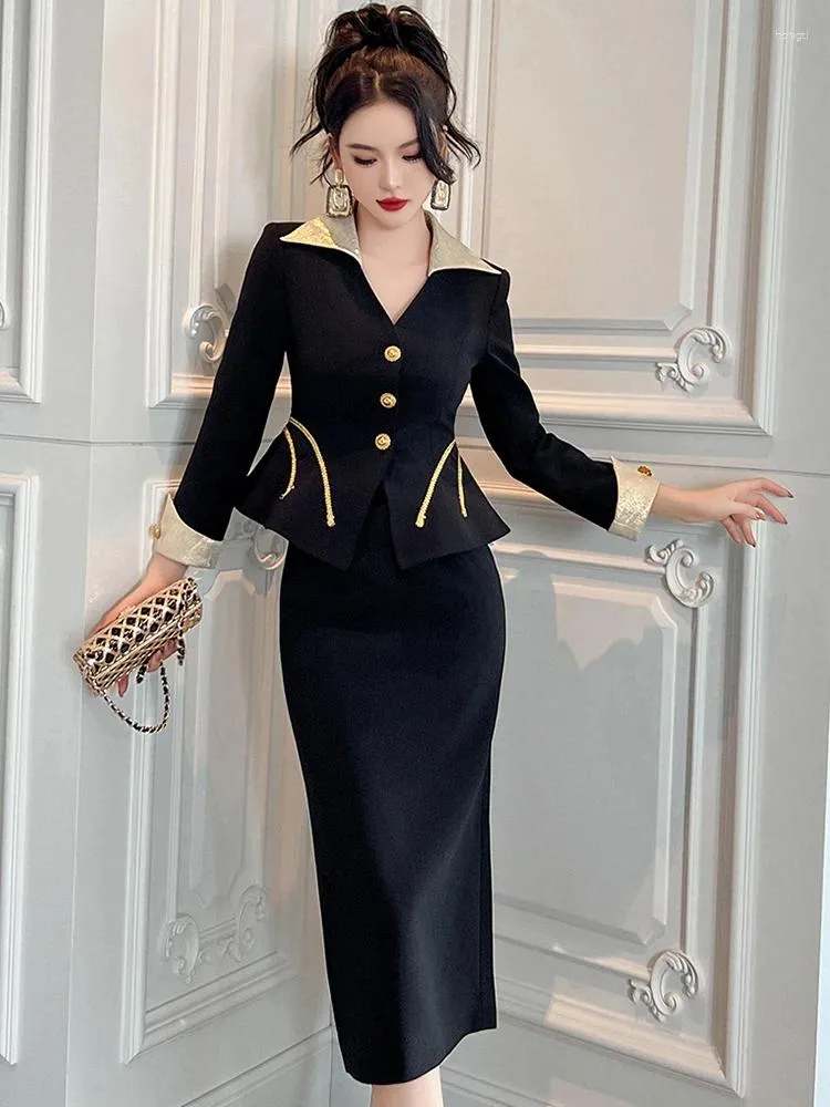 Robes de travail Black Business Formal Occasion 2 Pieces Tapisseaux Femmes Elegant Tops Coat Blazer Costume et Jupe crayon à taille haute