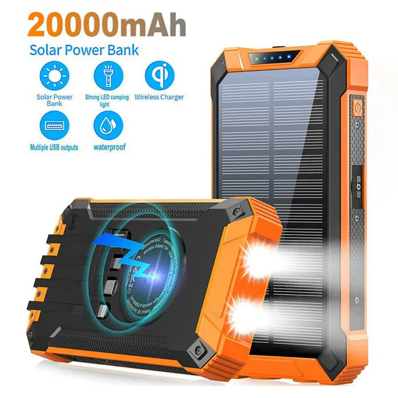 Power Bank Solare Da 30000 MAh Con Pannello LED E 4 Uscite – Ricarica Wireless, Impermeabile E Resistente Per Campeggio