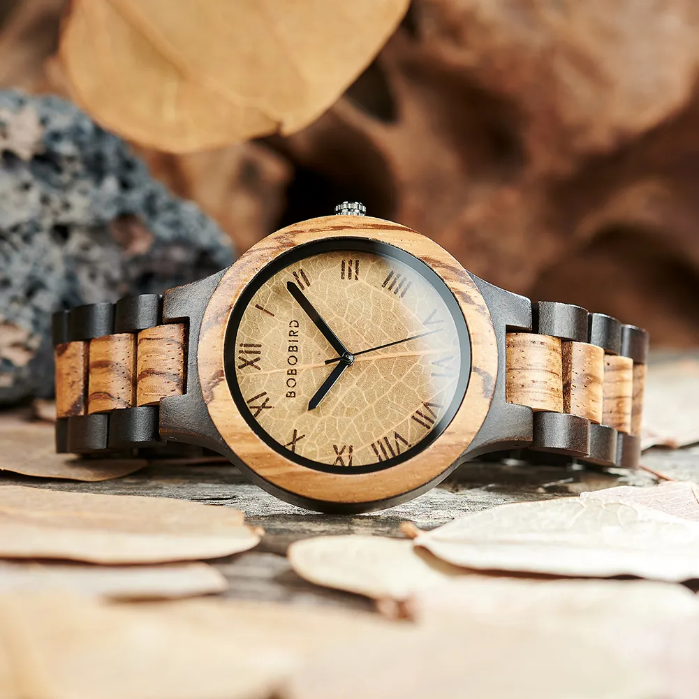 Bobo Bird Best Handmade Watches Men's Wood Watch Genuine Leaf