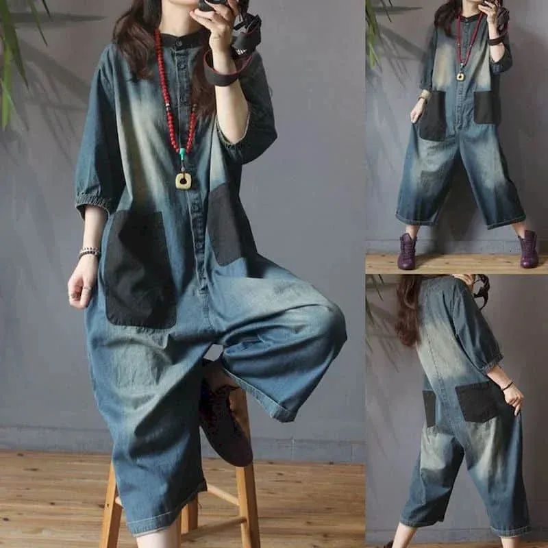 Denim Wide Leg Jumpsuit Frauen Vintage großer Größe übergroßer Patch -Taschen -Jumpsuit Lose One -Stück -Outfit Frauen Patchwork 240326