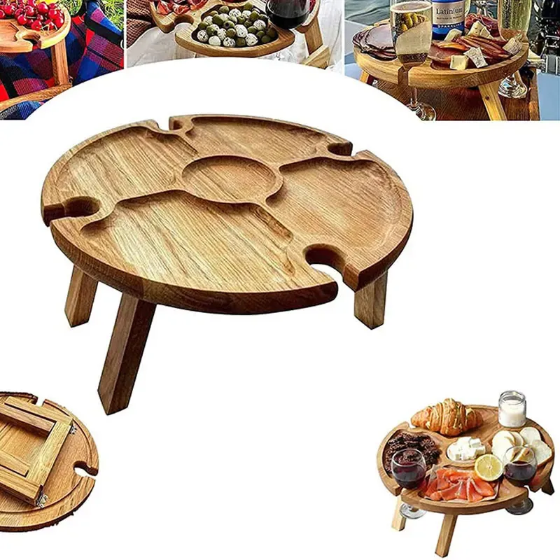 Mobilyalar Mesa de Piknik Plegable de Madera Para Dışları Con Soporte de Vidrio Escritorio Redondo Estante de Copa de Vino Mesa de Camp