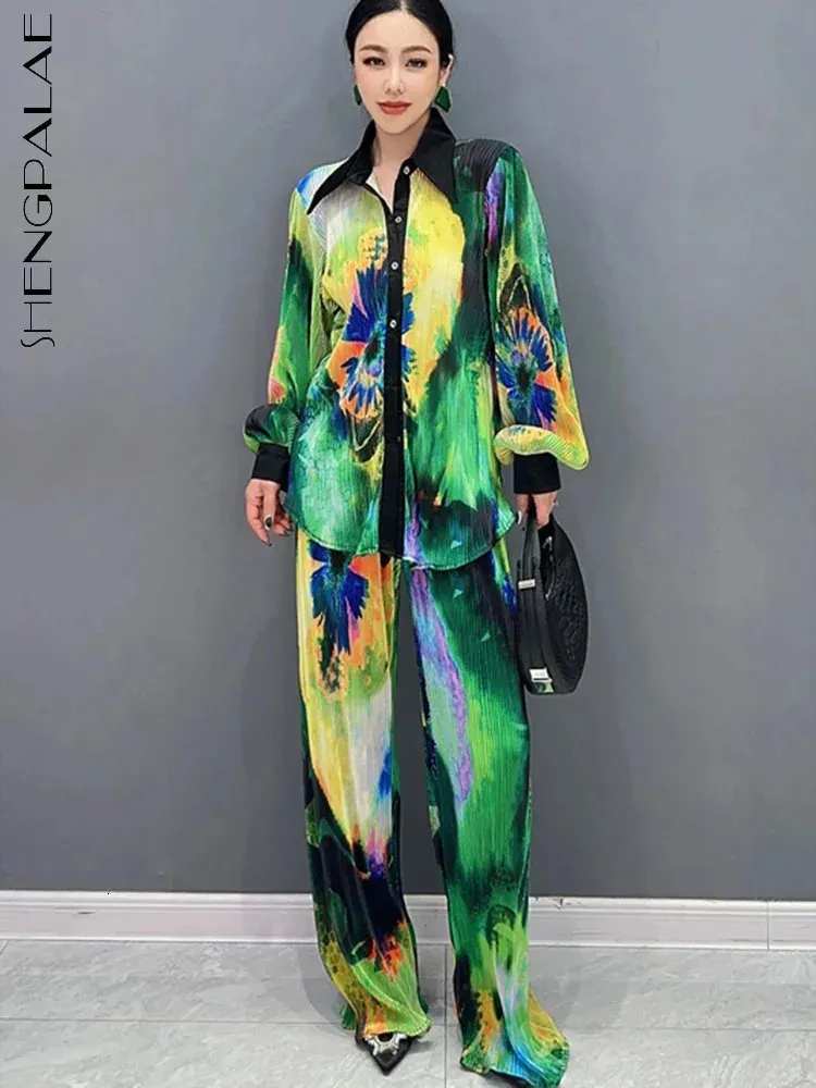 Shengpalae折りたたみセット印刷長袖のシャツワイドレッグパンツ2ピース2024春のファッションルーズ女性服5R9578 240329