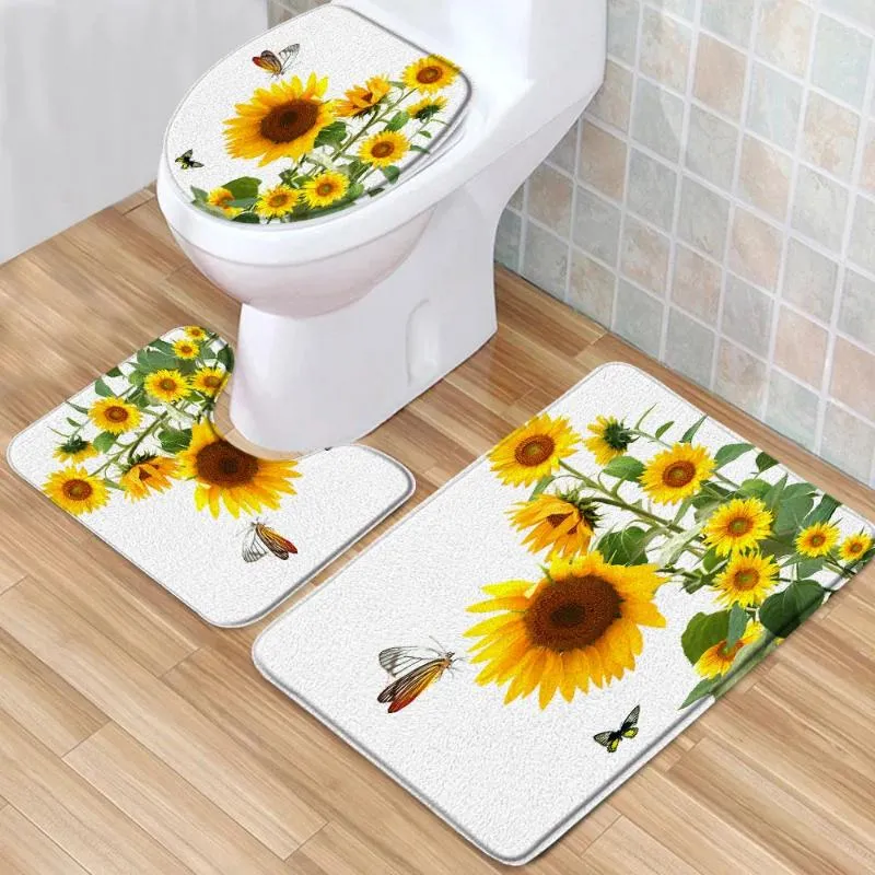 Tappeti da bagno fiori tappetino set giallo girasole foglie farfalle foglie retrò con pila bassa flanella tappeto toilette tappeto a forma di U