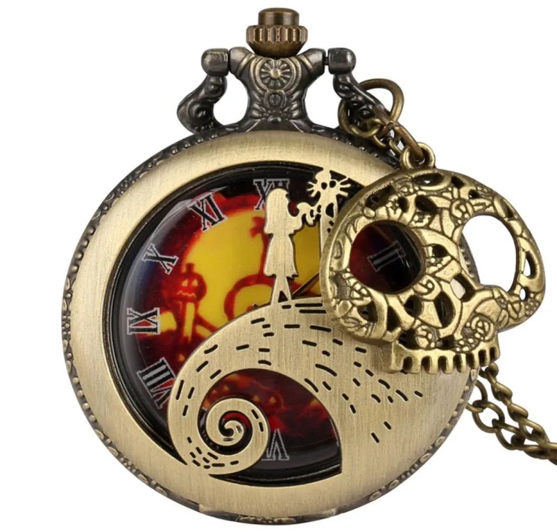 Vine Antique Watch Hollow Case the Nightmare Before Christmas Unisex Quartz Analog Pocket Watches Skull Accessory Necklace Chai8345964