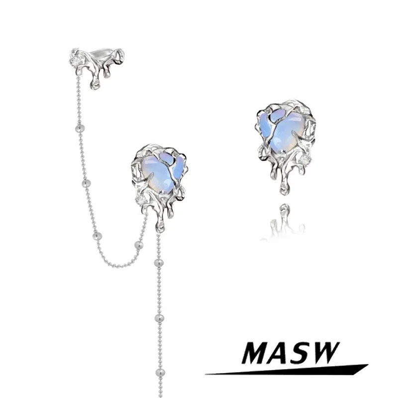 Kolczyki Masw Oryginalny projekt Niebieskie Kolczyki serca 2022 Trend Nowy miedziany metalowy metalowy nausznik srebrny łańcuch splatany kolczyka kobiet biżuteria