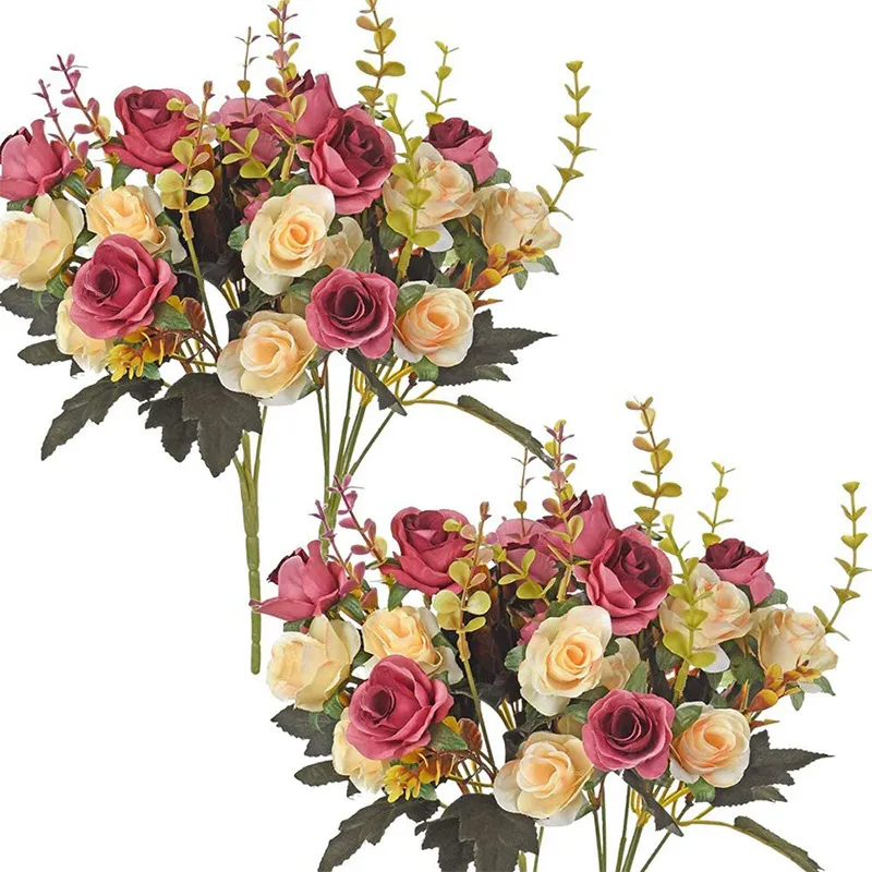 12 teste Fiori artificiali rosa finti due fiori di colore con steli fauci rose bouquet fiore arredamento per feste di Natale a casa