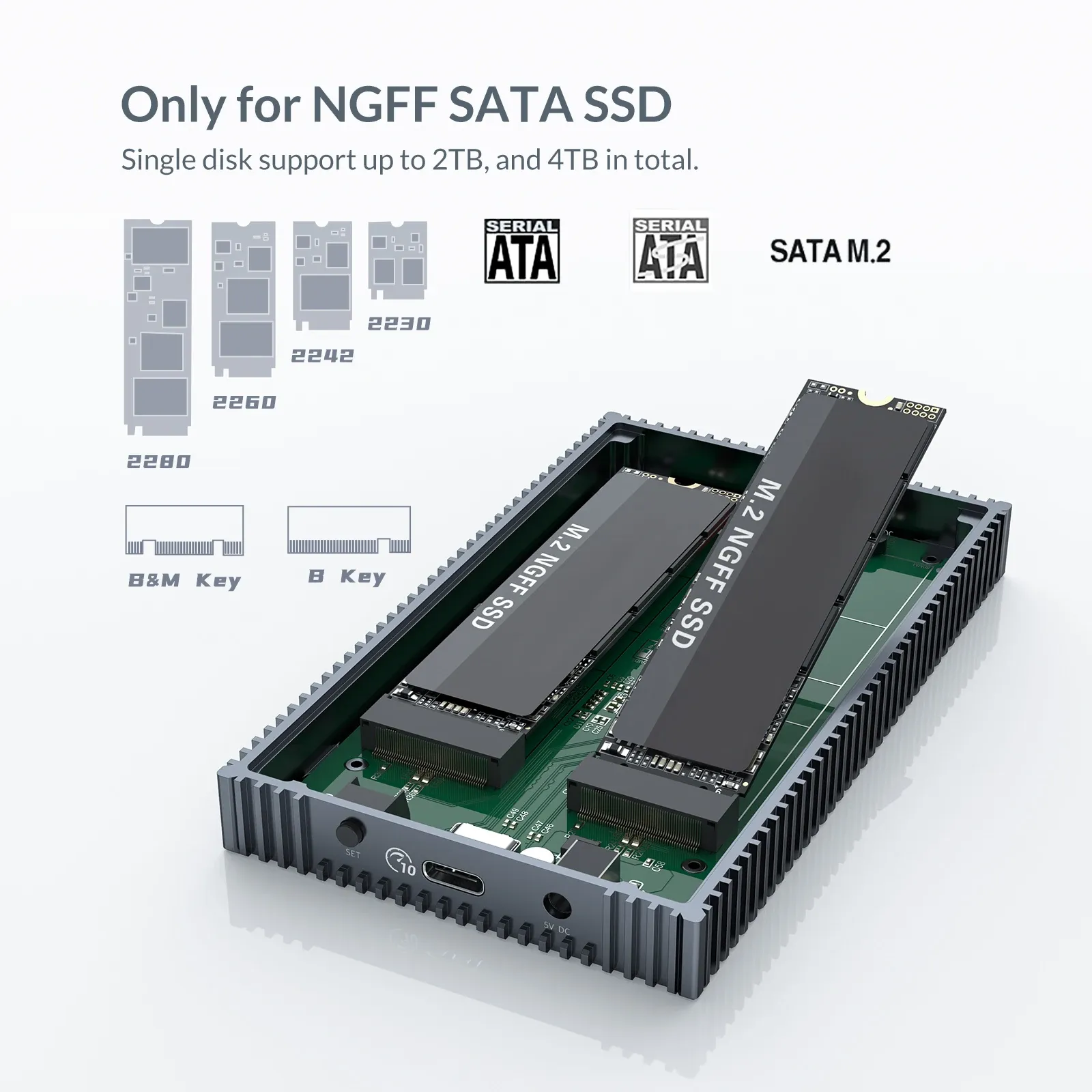2 Bay M.2 NGFF SATA 4TB SSD Mobile Hard Drive Enclosure USB3.1