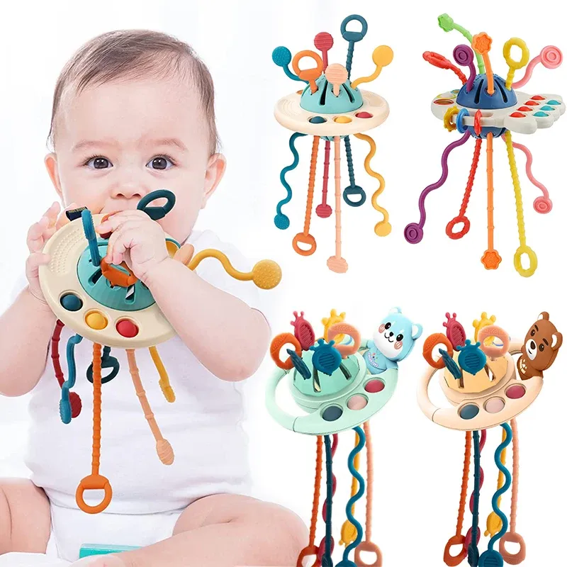 Development Baby Rattle Teether Toys, Montessori Silicone Pull String ...