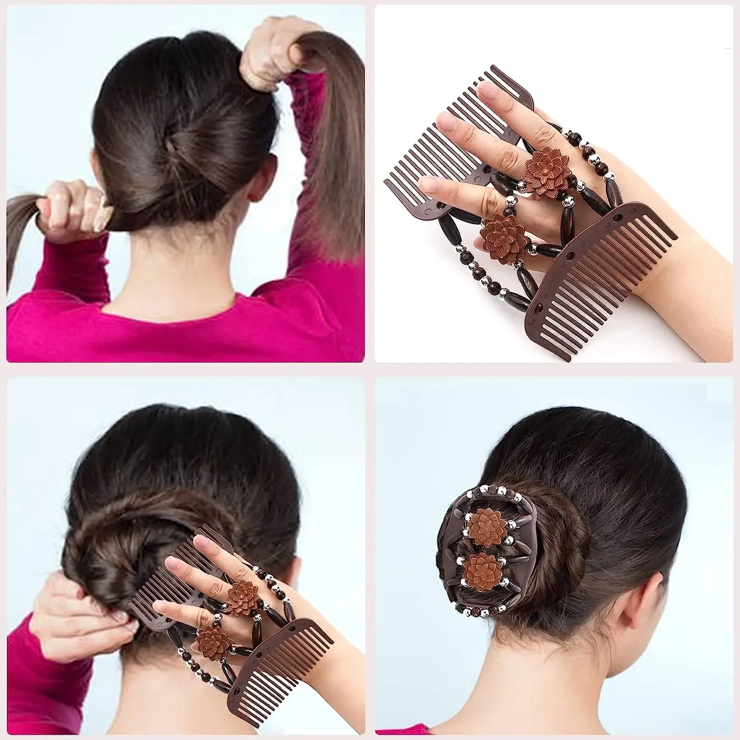 Black w Woodenr Beads Hair Extension Hair Clip Comb Luxury Silver/Black Wood Beaded Hair Combs - Fancy Clip  main image 2