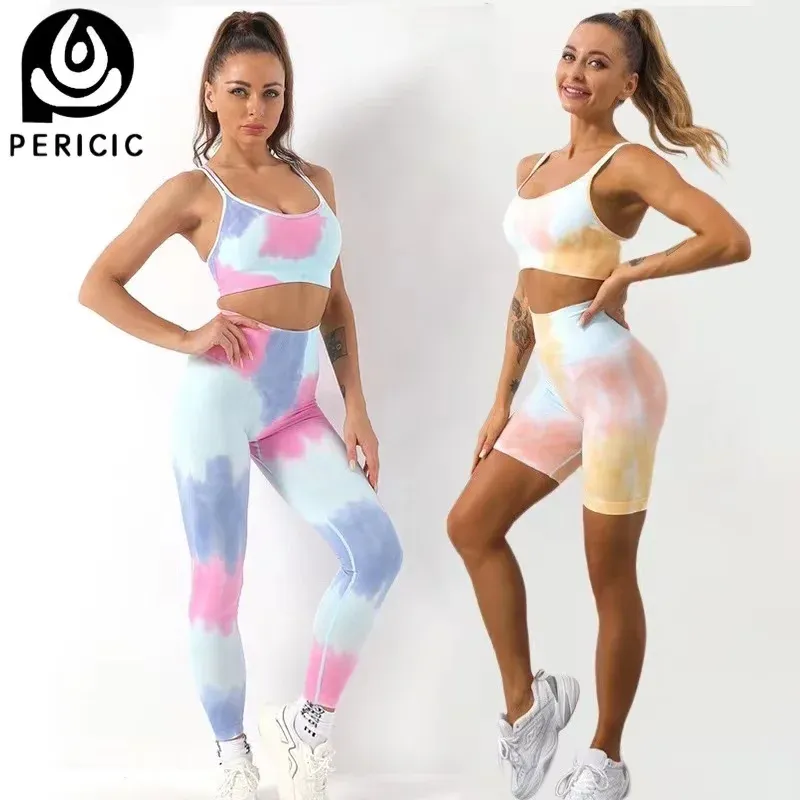 Väskor Pericic Tie Dye Women Sports Set Gym Yoga Sport Bra Fiess Seamless Leggings Workout 2 Piece Set Women Yoga kläder Sportkläder