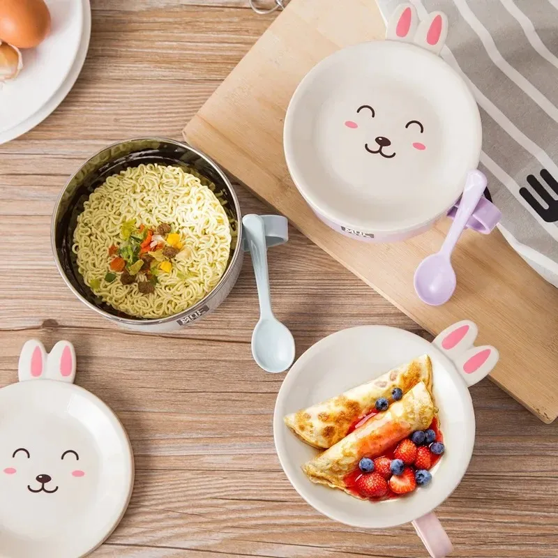 2024 Stainless Steel Double-layer Ramen Noodles Bowl Anti-scalding Instant Noodle Bowl Cute Bunny with Lid and Spoon Tableware Random