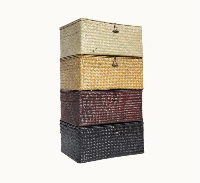 Vävd förvaringskorg med lock Rattan Sundries Box Wicker Handgjorda sorteringslådor Seagrass Jewelry OrganizerLarge One3527921