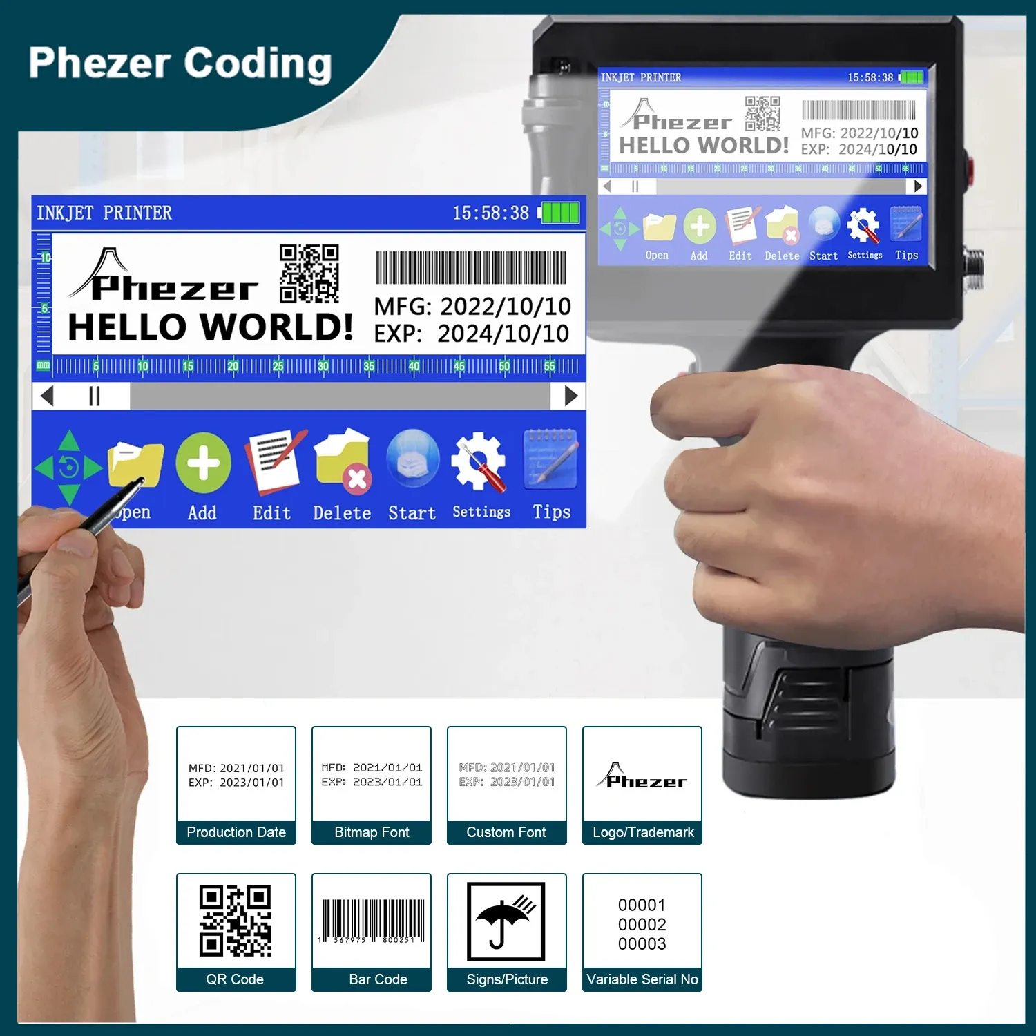 ケースPHEZER P15 QR BART CODE DATE NUMES NUMES Expiry Date Label Printer 12.7mm Handheld Inkjet Printer 25言語ポータブル