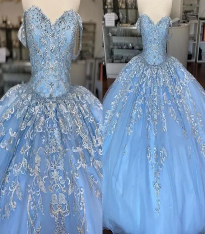 Modest Light Sky Blue Off the Shoulder Ball Gown 2022 Quinceanera Dresses With Hleeves Tulle Corset Back Vestido de 15 Anos Mexica5350204