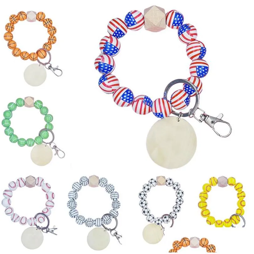 Beaded Diy Strands Bracelets Keychain Pendant Wood Sport Ball Soccer Baseball Basketball Football Wooden Tag Beads Fashion Jewelry K Dhj1M