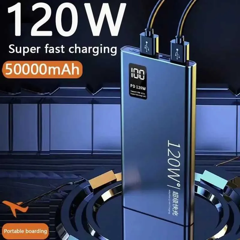 Mobiltelefon Power Banks New Power Bank 50000MAH 120W Dual Port Super Fast Charging Portable Extern Battery Charger för iPhone Huawei Samsung 2443