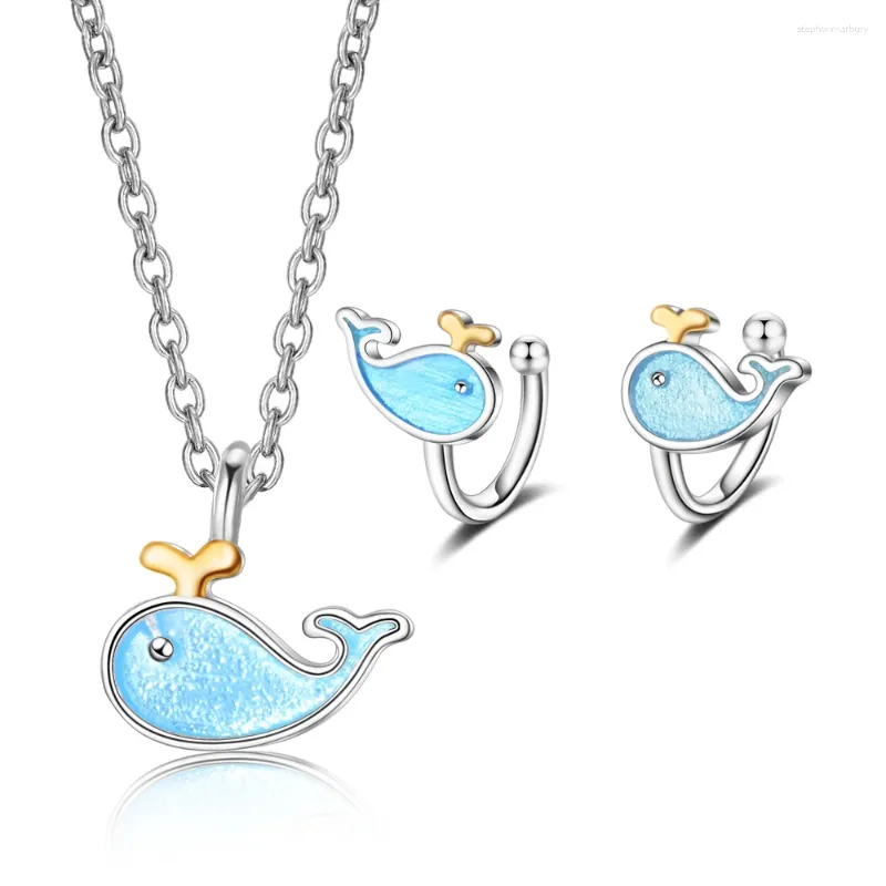 Necklace Earrings Set 925 Sterling Silver Party Accessories Blue Whale Cuff Stud Pendant Rolo Chain For Girls Women