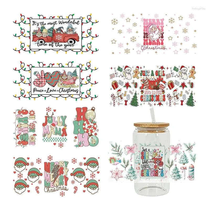 Adesivi per finestre UV DTF Adesivo di trasferimento Merry Christmas per i bicchieri da 16 once Libbey Waps Bottles Cup Can Decals personalizzati impermeabili D4406