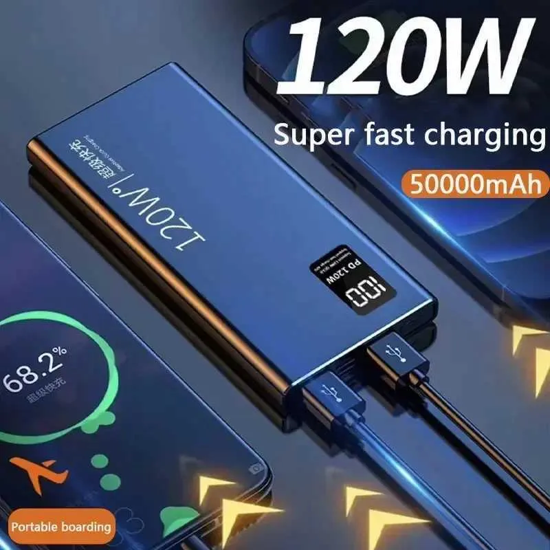 Mobiltelefon Power Banks New Power Bank 50000MAH 120W Dual Port Super Fast Charging Portable Extern Battery Charger för iPhone Huawei Samsung 2443