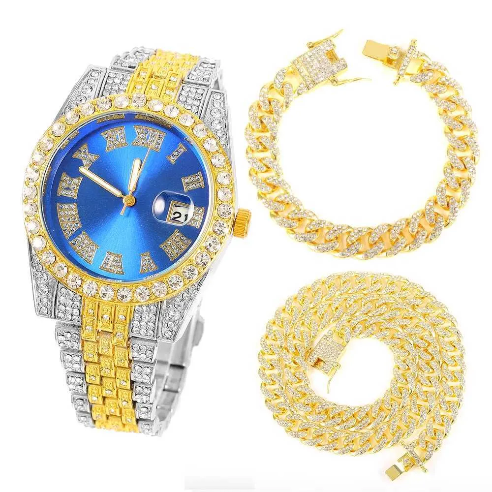 Strängar Hip Hop Full Iced Out Paled Rhinestones Miami Curb Cuban Chain Necklace Watch Armband Gold Bling Rapper Men smycken 230613