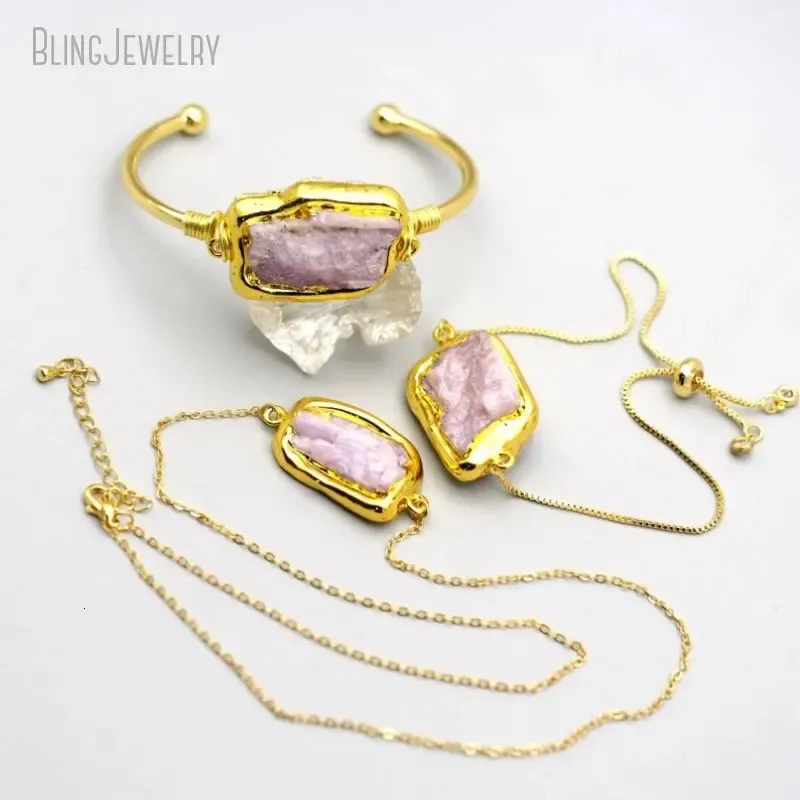 Gold Color buceado Kunzite Natural Link Ckans Collar Pulsero de brazalete Juegos de joyería de novia de la novia Boho Accesorios 240401