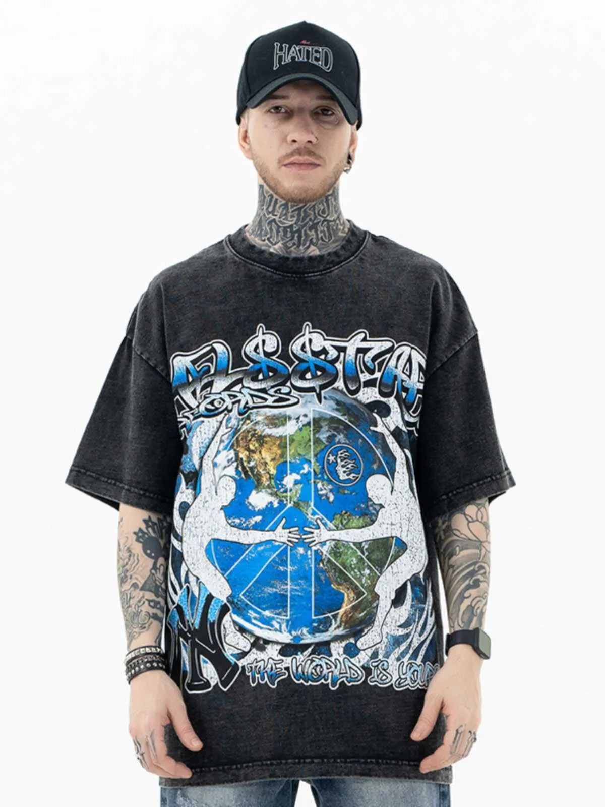 American Heiistar Hell Star Imprimé à manches courtes à manches lavées vintage T-shirt en vrac décontracté pour les hommes et les femmes