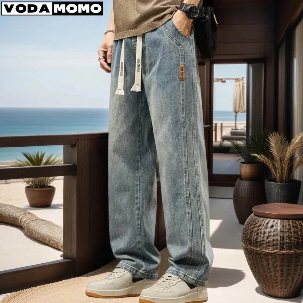 2024 Elastic loose straight jeans mens wide legged denim pants casual trousers Korean style Sportswear clothing 240323