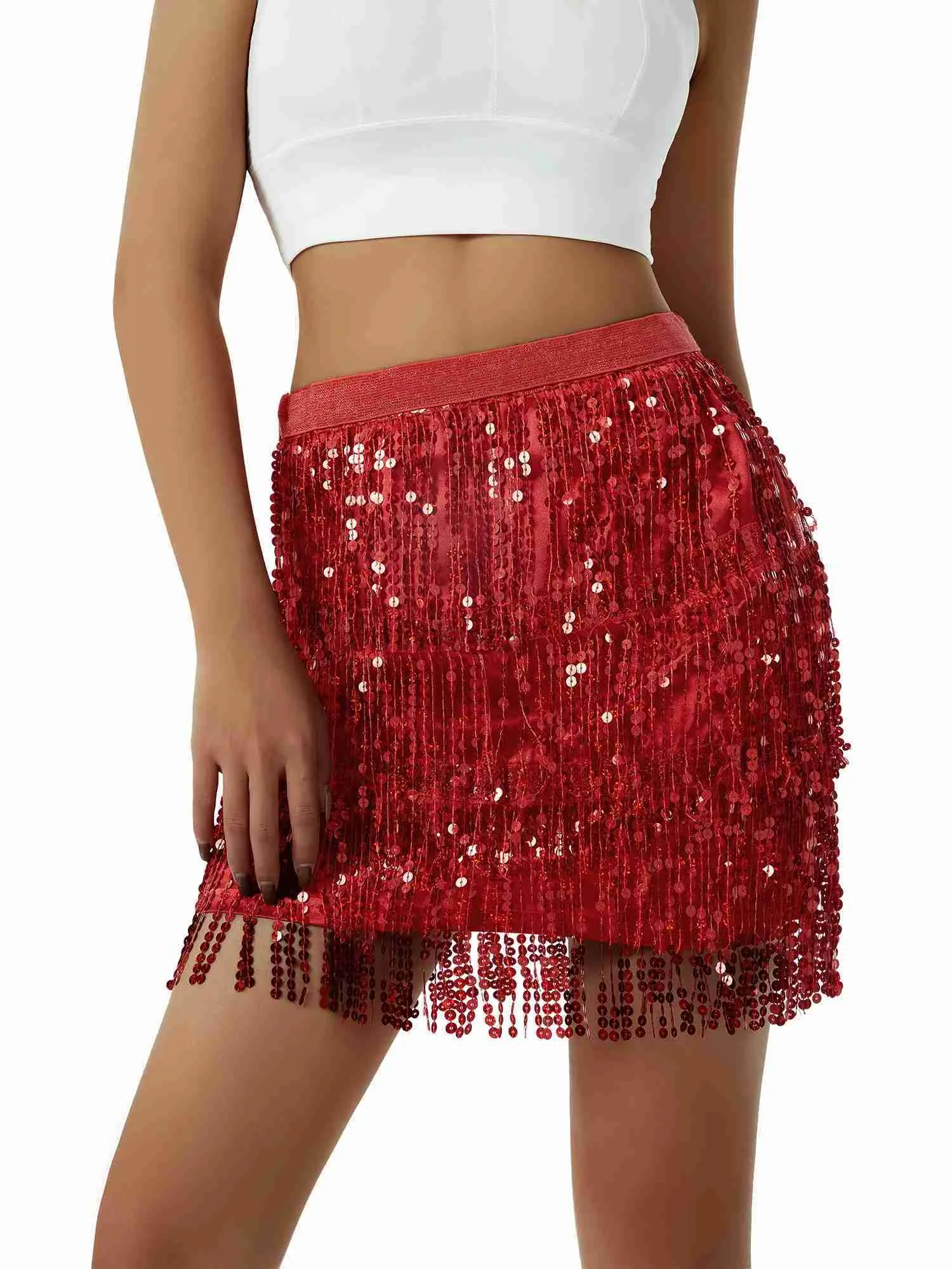 Urban Sexy Dresses Women Sequined Fringe Skirt Glitters Elastic Waist Miniskirt Mini Skirt for Dance Rave Party Black/Silver/Gold/Red 2445
