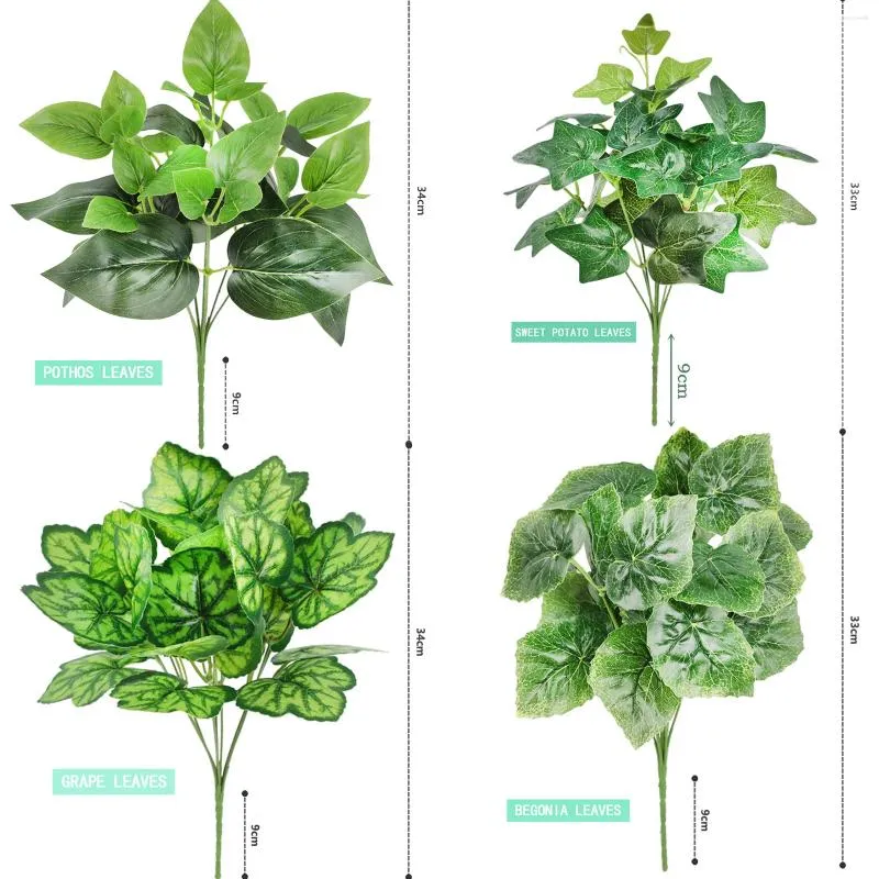 Flores decorativas Plantas verdes artificiais 7 folhas de batata -doce rabanete e begonia planta parede de estar decoração de escritório