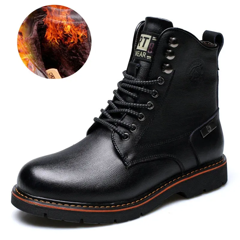 Boots Winter Boots Men Comfortable Thermal Fur Leather Laceup Shoes Black Spring Men Casual High Quality Waterproof Sewing Ankle Boot