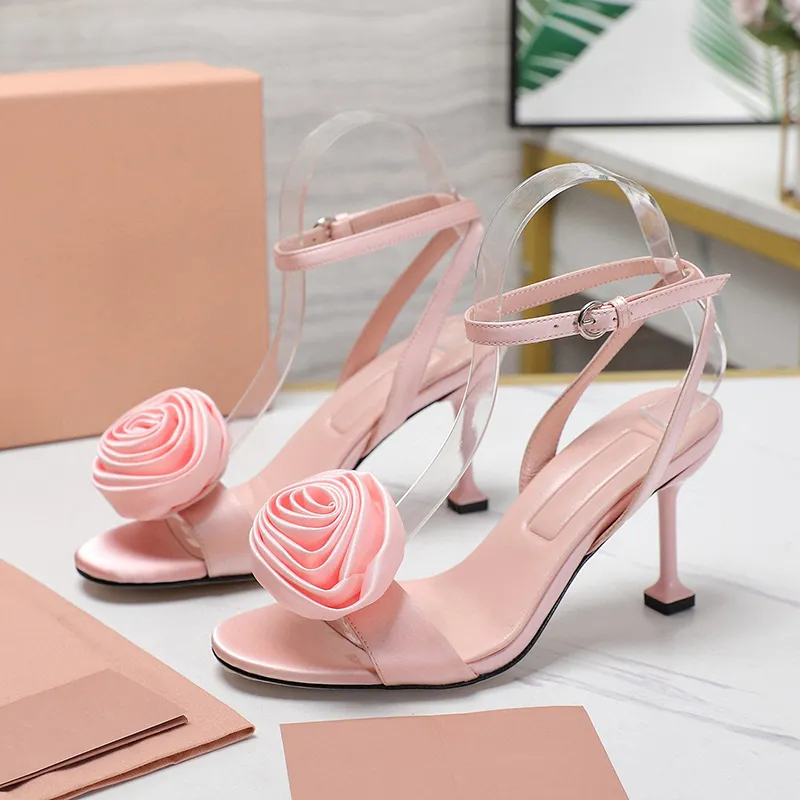 Banquet Open Toe High Heel Sandals Summer 2024 New Handmade Flower Design Buckle Strap Women`s Pumps Solid Color Upper Satin Material Sexy Female Sandals