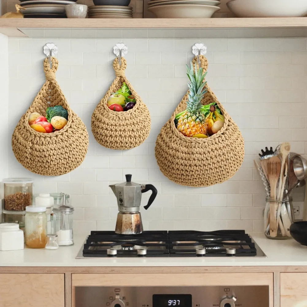 Hanging Wall Baskets - Natural Hemp Rope Hanging Fruit Basket for ...