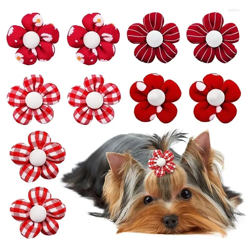 Dog Apparel 10/20pcs Flower Hair Bow Red Style Bows Rubber Bands For Yorkie Decorate Pet Grooming Small Supplies