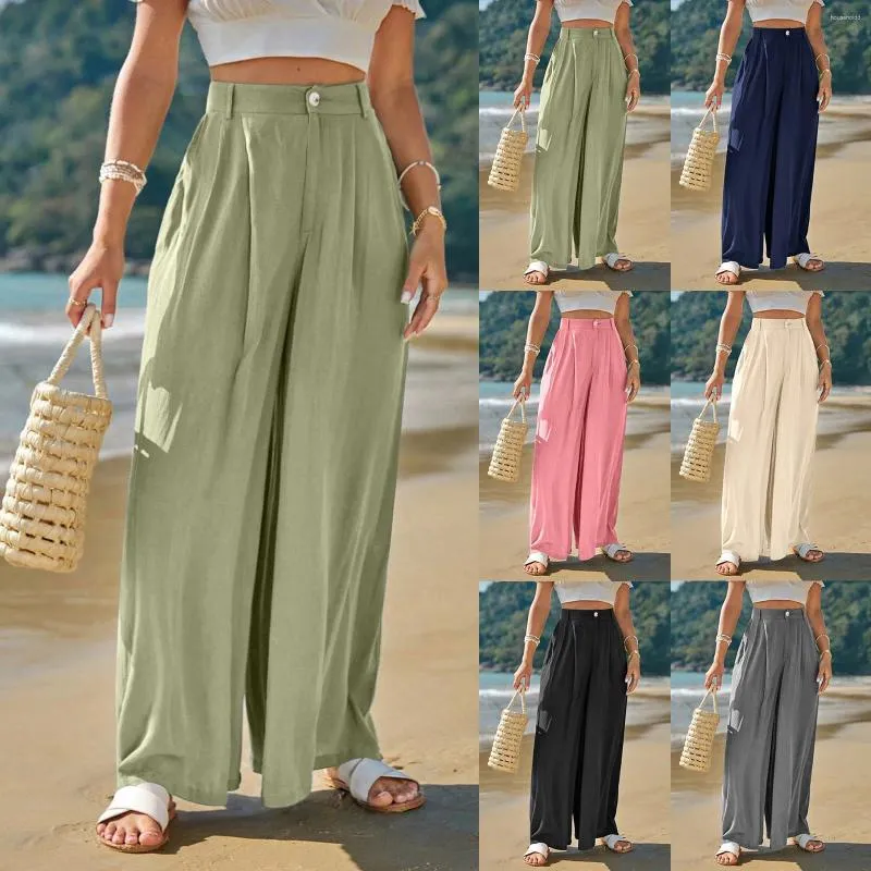 Women's Pants Summer Wide Leg Casual Loose Button High Waist Trousers Solid Color Elastic Long Korean Fashion Female Streetwear