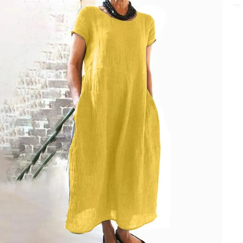 Lässige Kleider 2024 Damen Sommer Plus size Kleider bequem loses, feste Farbe Kurzarm O-Neck Baumwolle Langes Vintage Vestidos