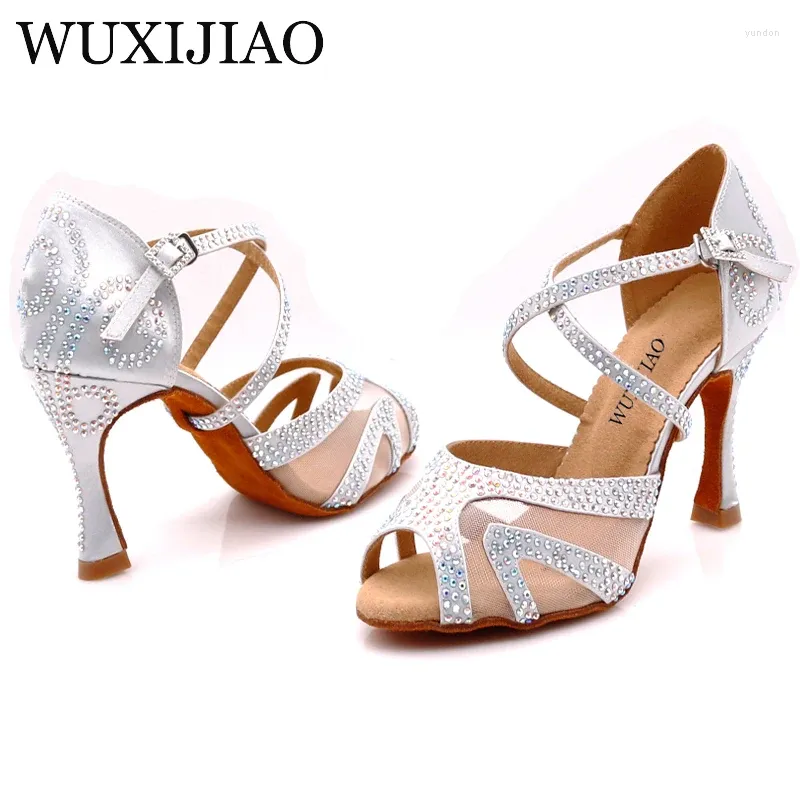 Dansschoenen wuxijiao diamant zilver satijn latijn dames salsa feestje strass ballroom dansen dames 9 cm