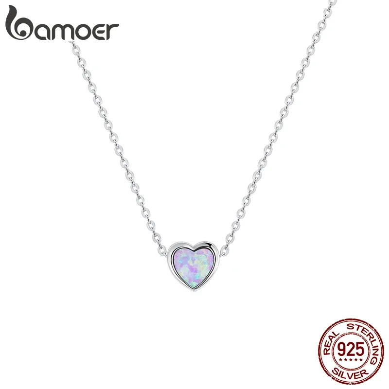 Collane BAMOER GENUINA 925 Sterling Silver Opal Heart Collana a sospensione per donne Regali di anniversario di gioielli