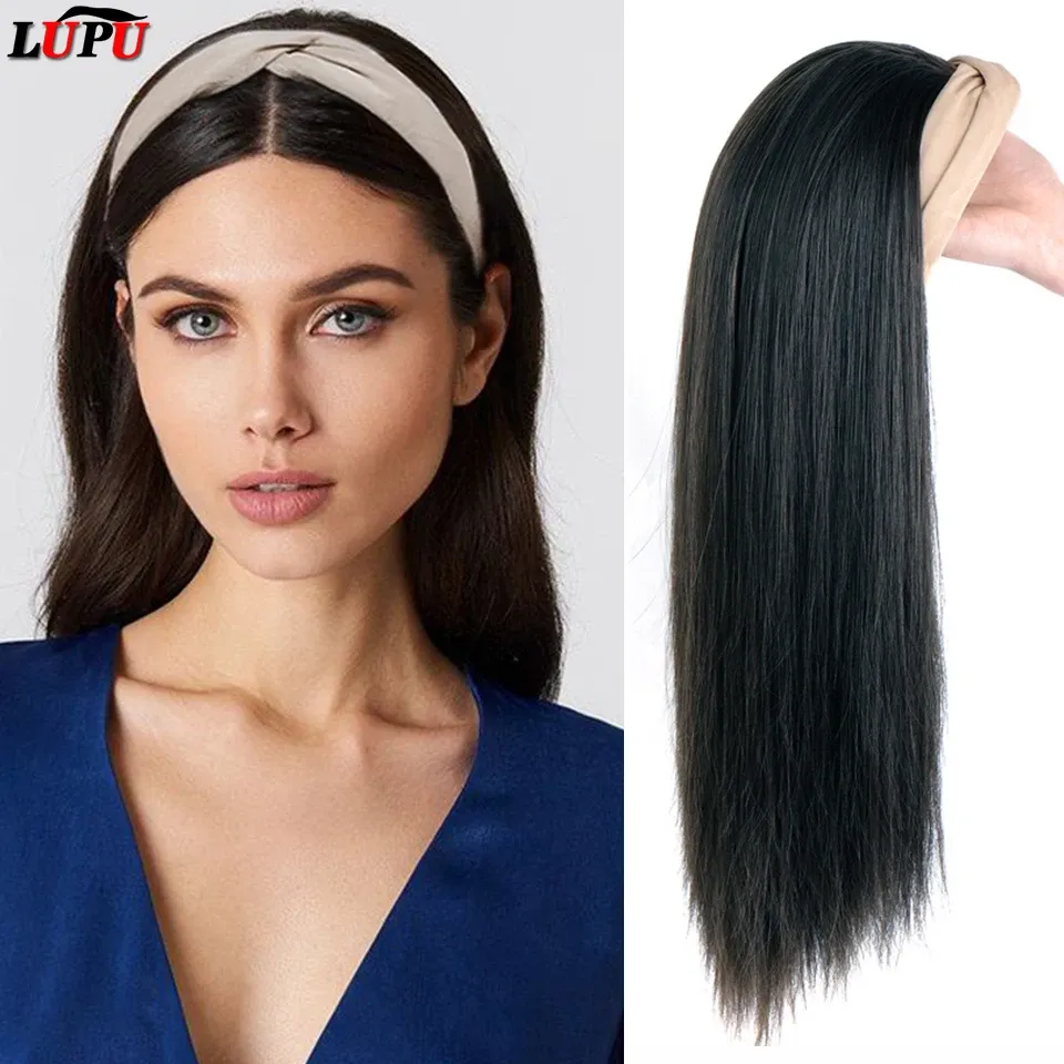 Wigs LUPU Synthetic Machine Made Headband Wig With Hair Band Black pink Seamless Heat Resistant Long Headwraps Wigs For Women Hair