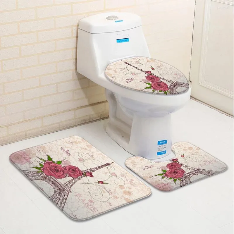 Tappetini da bagno set di tappeti da bagno a 3 cartoni animati paesaggi Parigi Torre Fiori di rosa con pila bassa materassino Matro tappeto a forma di bagno a U