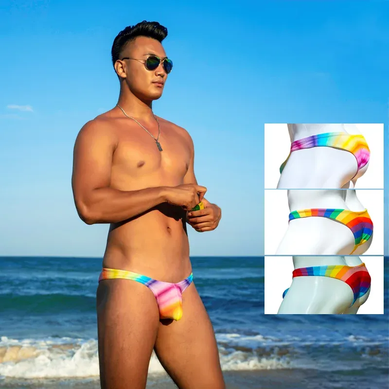 Mayo wd228 seksi parlak gökkuşağı erkekler mayo bikini sıkı düşük bel mayoları sıcak eşcinsel erkekler yüzmek