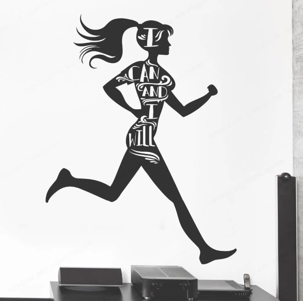 Black Sport Girl Decals in vinile per le parole motivazionali della palestra Runner Health Wall Adeli